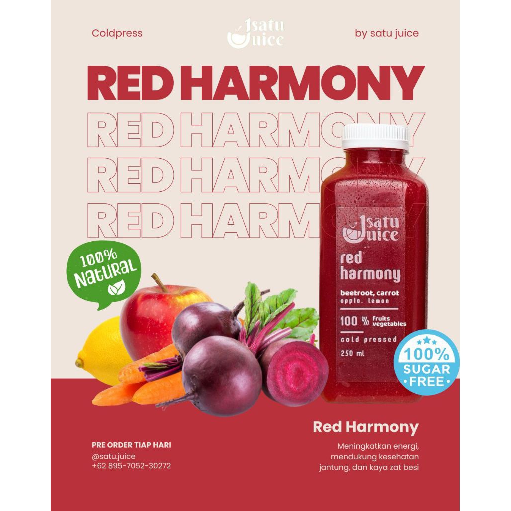 

Red Harmony - Coldpress Juice | 100% tanpa gula | Beet, Wortel, Apel, Lemon