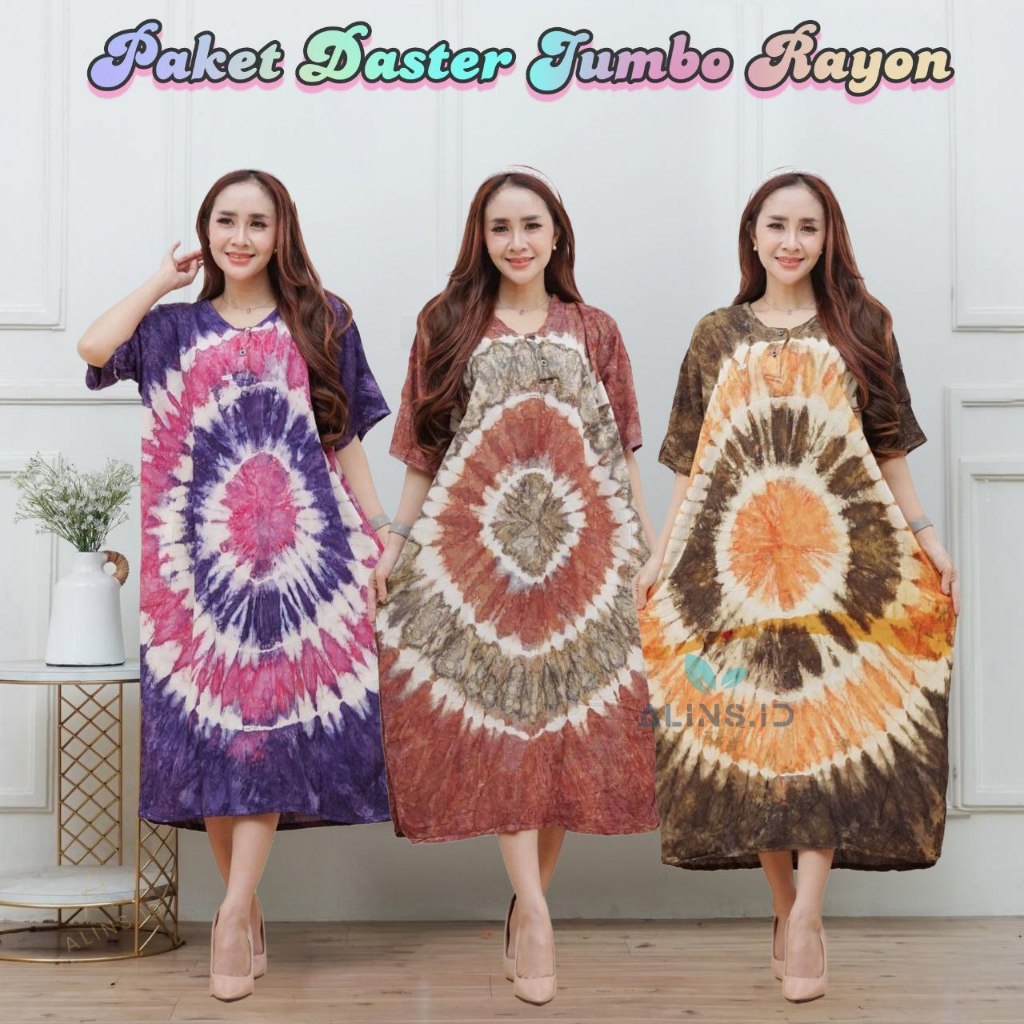 PAKET 3 Daster Jumbo Rayon Tie Dye Wanita LD 120 Model Kelelawar Abstrak Set Busui Friendly Alins.ID