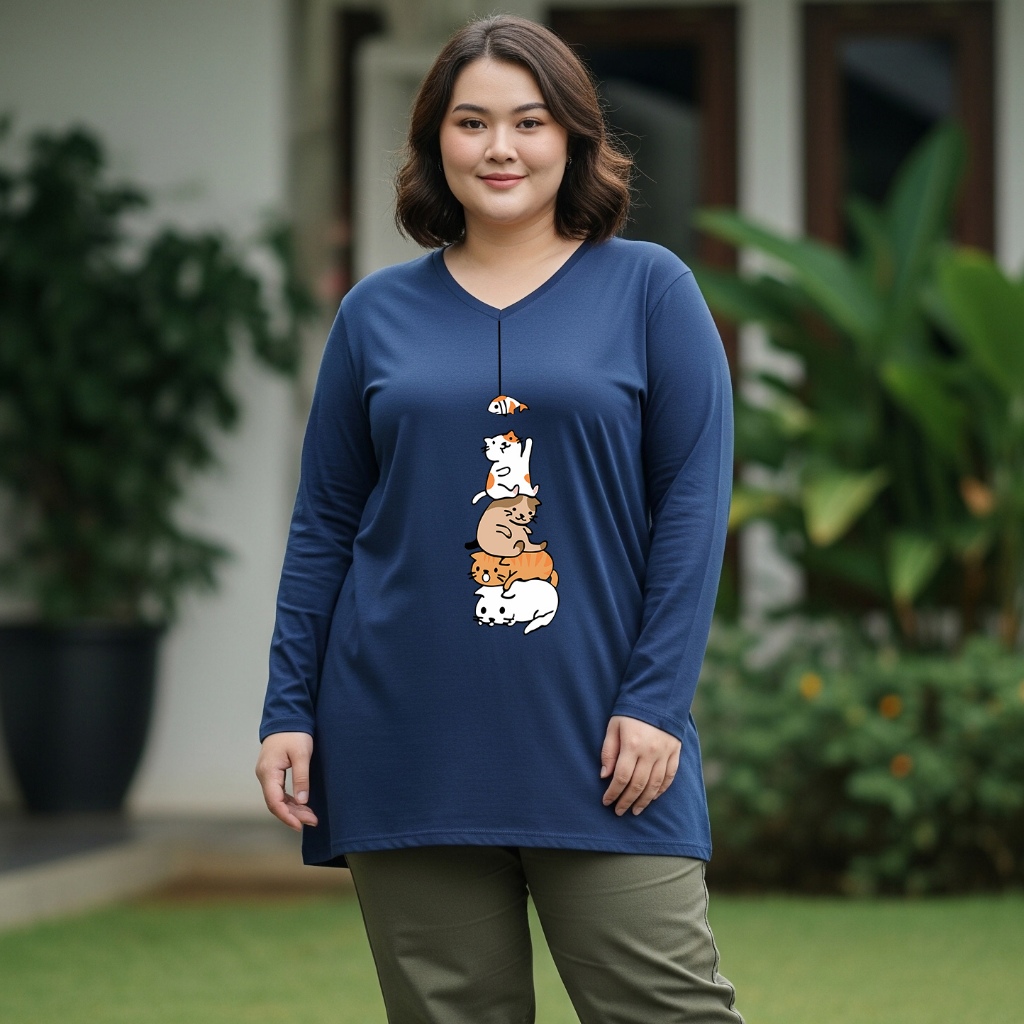 Baju Plus Size V Neck Lengan Panjang Wanita LD 150 140 130 120 110 Kaos Cat Fish