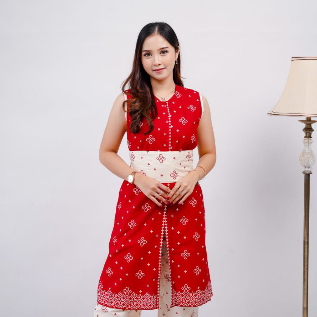 Goenzshop Set Tunik Celana Dan Obi Merah Putih