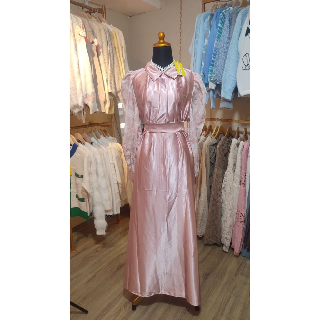 Dress Gamis Pink Satin Katun Bordir Mewah