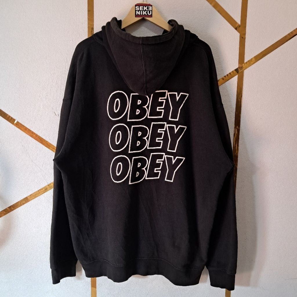 Hoodie zipper OBEY Backit Big logo bahan fleece tebal Jumbo size