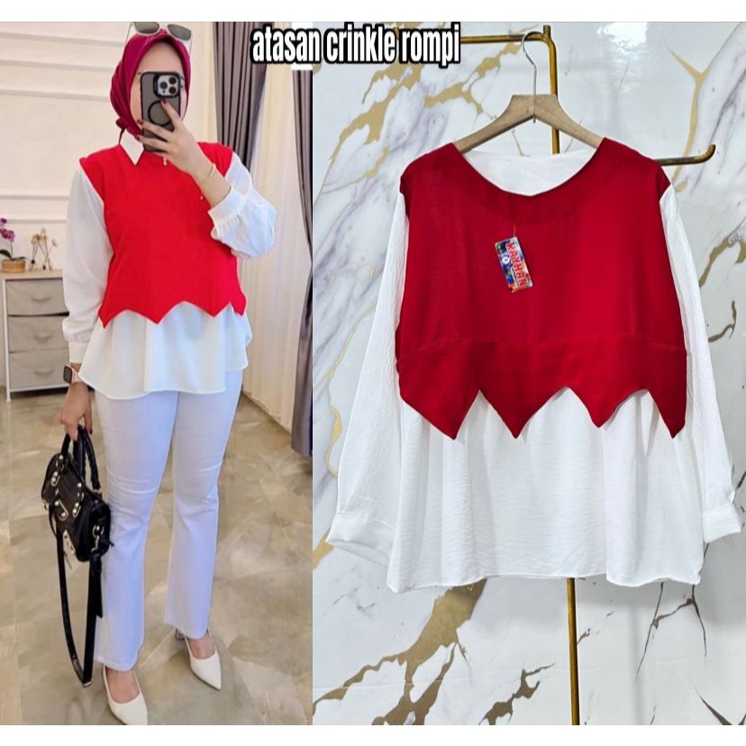 Atasan Merah Putih/ Atasan Dewasa Cringkel/ Atasan Kombinasi Merah Putih/ Blouse Atasan Wanita OOTD 