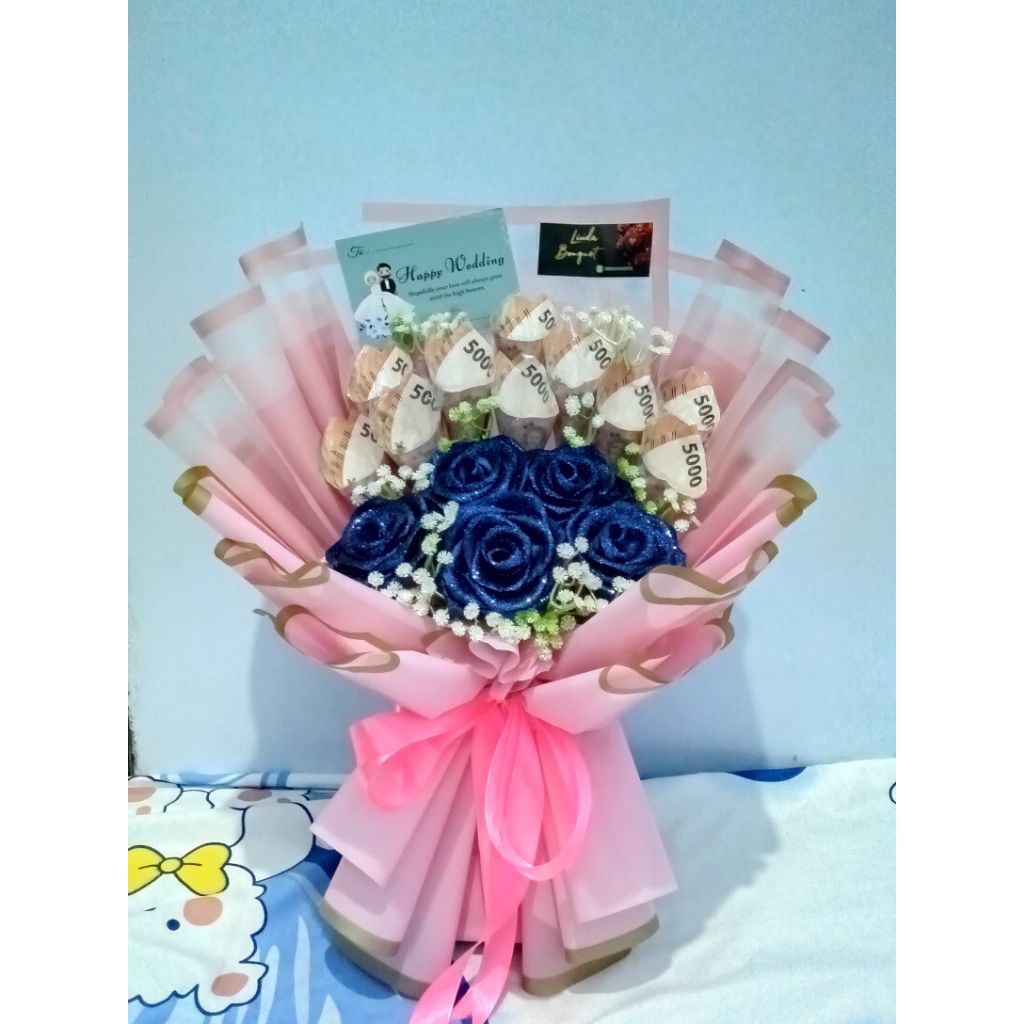bouquet uang dan bunga pita satin/round buket pita satin mewah anggun