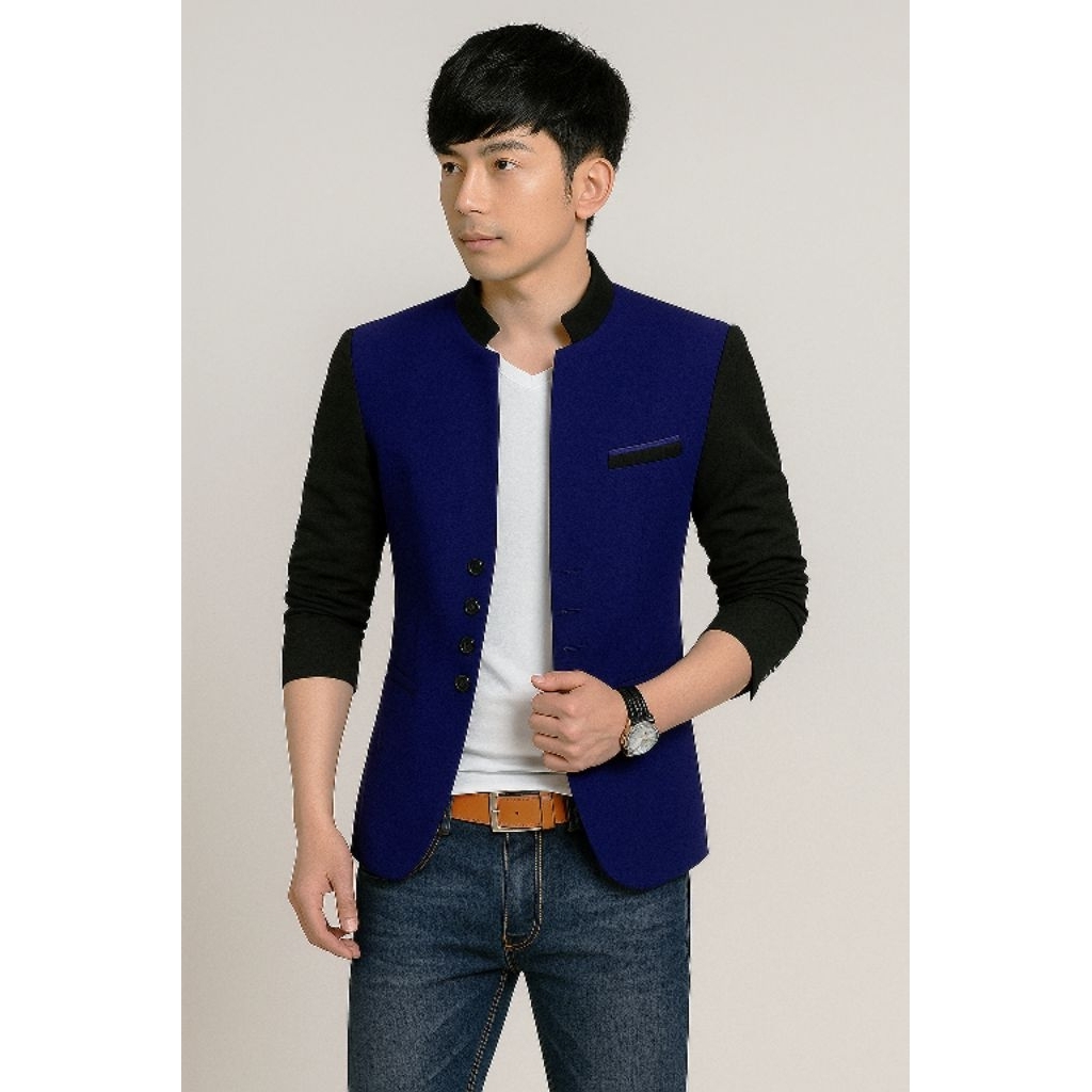 NIKAYU Premium My Rain Navy - Jas Blazer JASKO Cowok Pria Slimfit Kerah Mandarin Casual Korea Style 
