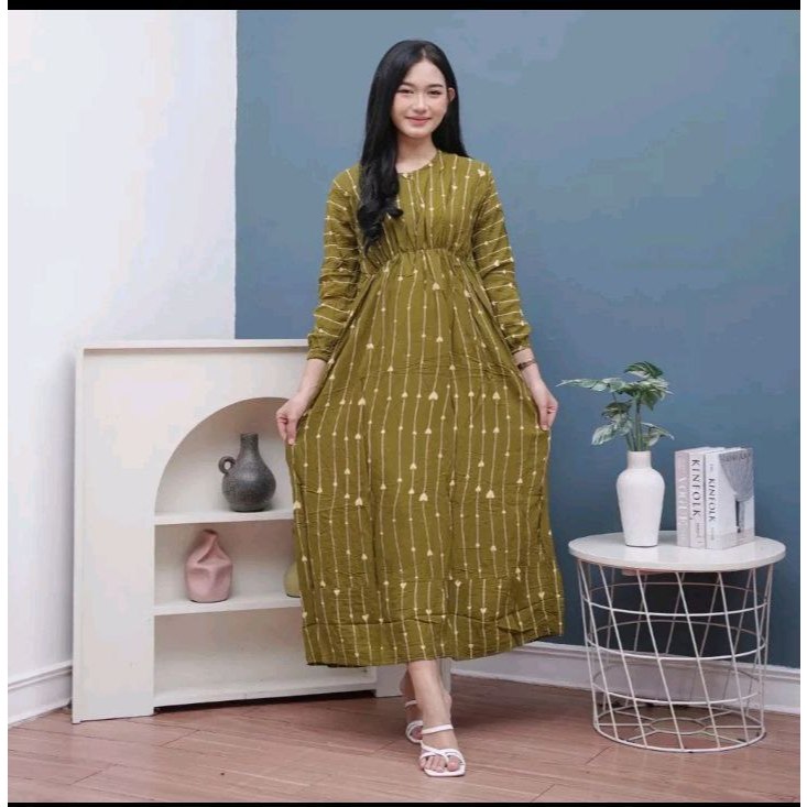 Daster Midi Dress Lengan Panjang Kekinian Kerut Dada Busui Rayon Premium