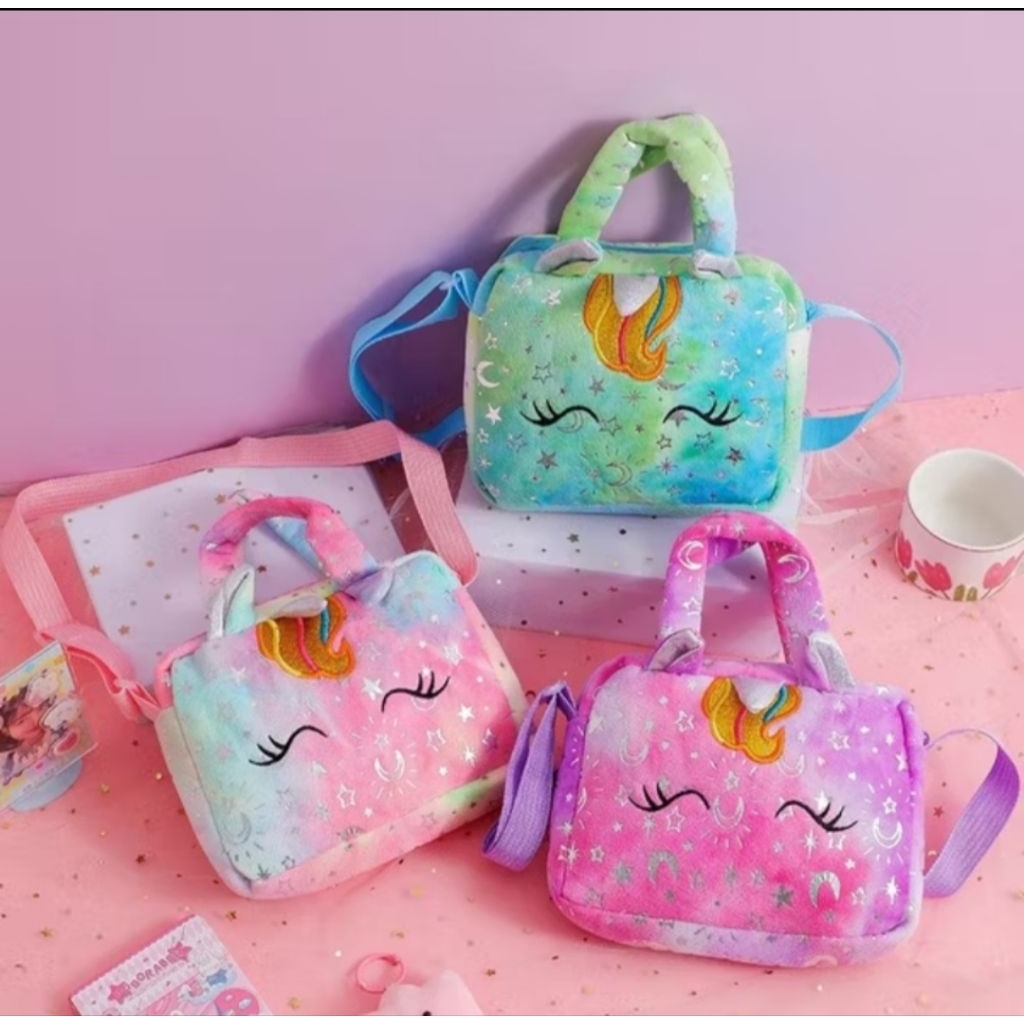 Tas Selempang Unicorn Bludru Halus Slingbag Anak Perempuan Tas Tote Bag Traveling Anak