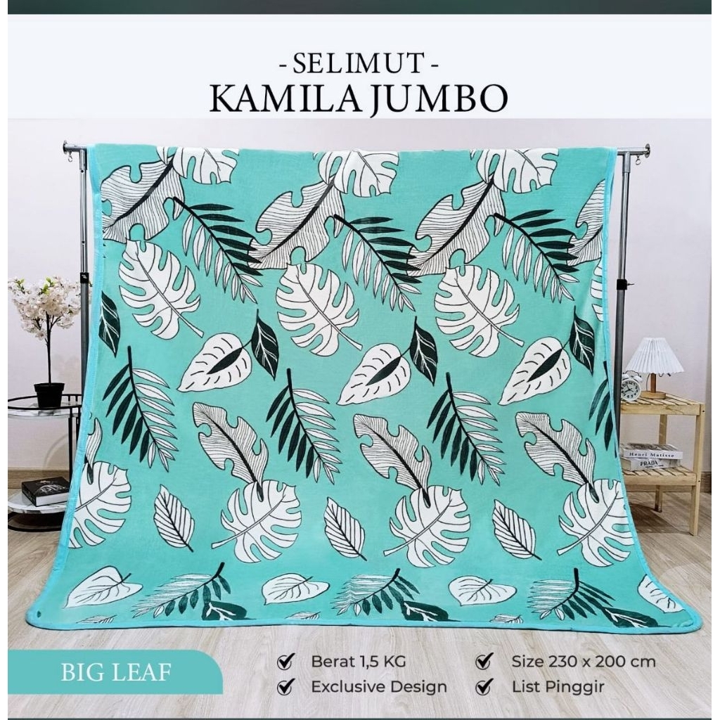 Selimut jumbo motif minimalis / bunga uk 160x200 dewasa Daun Hijau