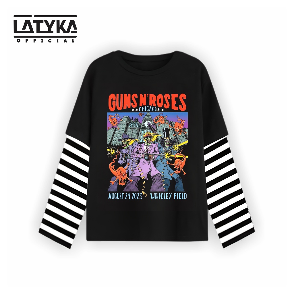 Latyka official T-Shirt double layer Guns N Roses Hitam Salur kaos pria wanita