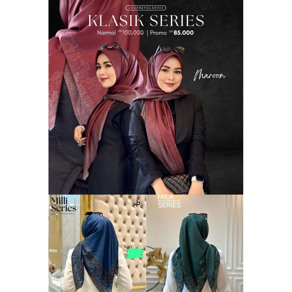 Jilbab segiempat motif Ala jorney jurnay Milla, JP Milli, JP Mola, JP Vanila, JP klasik series/ jilb