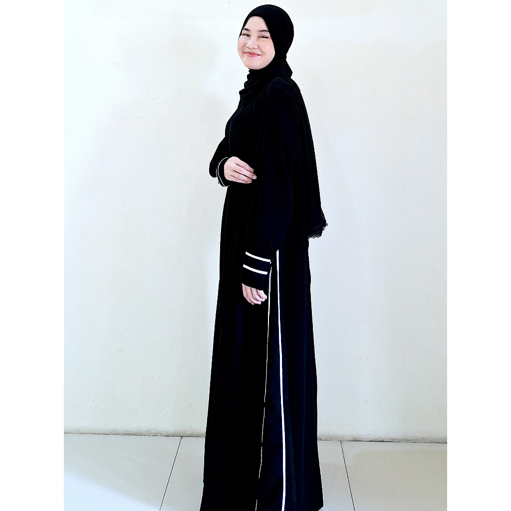 Abaya Hitam Lis Putih Riyad Gamis Hitam Jetblack Elegan