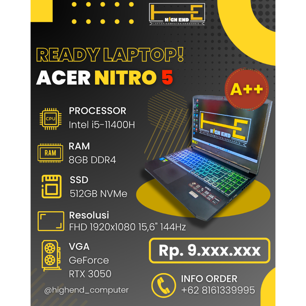 Laptop Acer Nitro 5 AN515-57 – Intel i5-11400H | RAM 8GB | SSD 512GB | RTX 3050 | Layar 144Hz