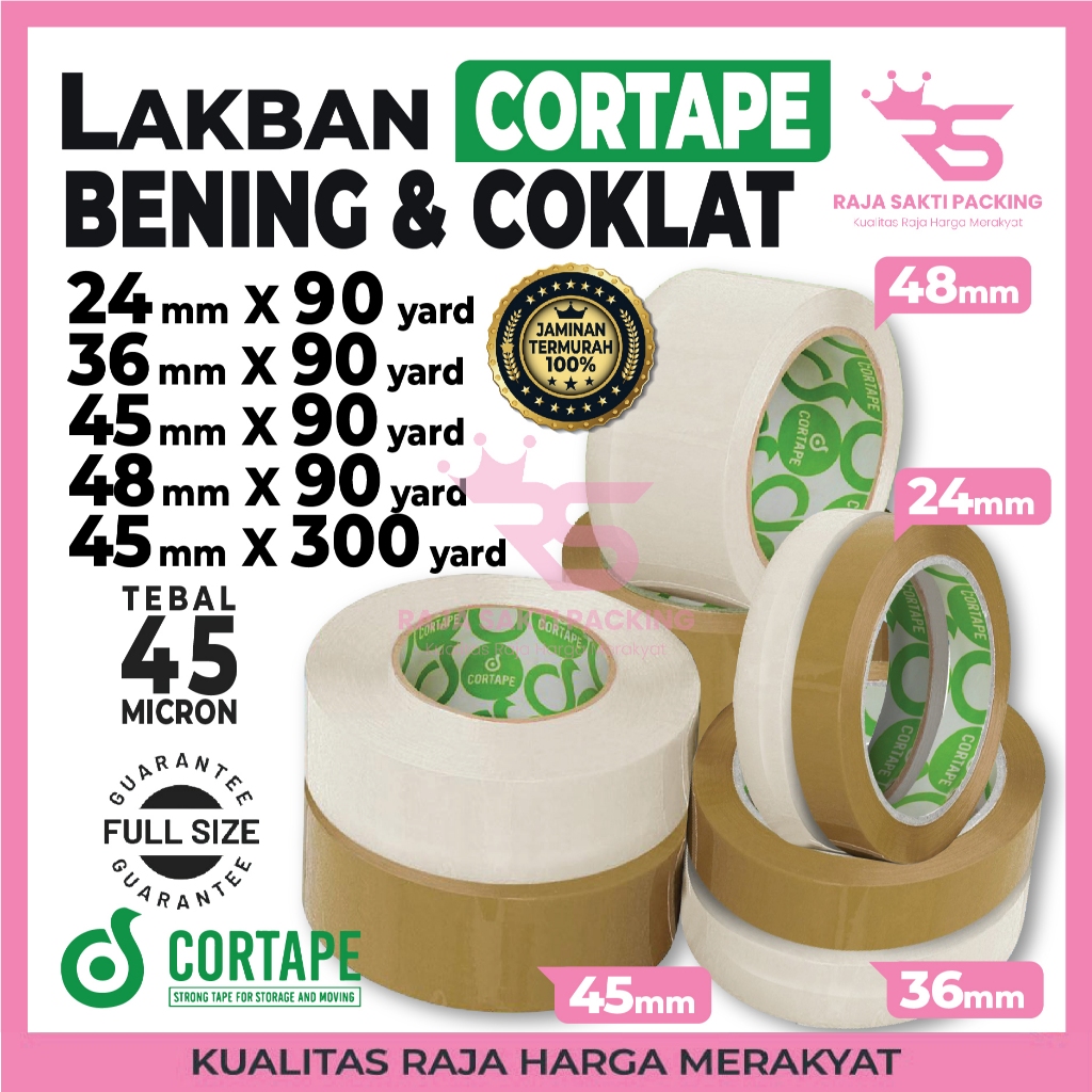

Lakban Cortape Bening dan Coklat 1inch / 2inch x 45mm 48mm x 90yard 300yard Ekonomis Satuan Termurah