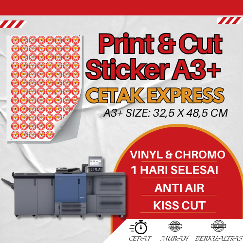 

Cetak Stiker Plus Cutting A3+ Bahan Chromo & Vinyl | Sticker Label Custom Bentuk Pola Cutting Ukuran