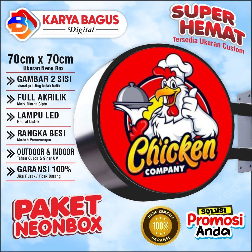 Neon Box Chicken / Neon Box Bulat 2 Sisi 70 Cm + Bracket Siap Pasang | Neon Box Akrilik