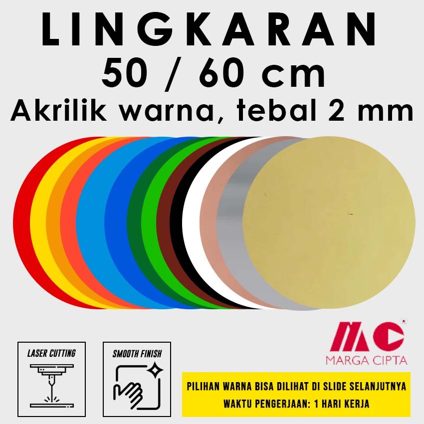 

[Tebal 2 mm] Lingkaran 50 cm / 60 cm - Akrilik warna Gold / Silver / Rose Gold / Hitam / Putih / Coklat / Merah / Kuning / Orange / Biru / Hijau / Transparan / Putih Susu - Laser Cutting Marga Cipta