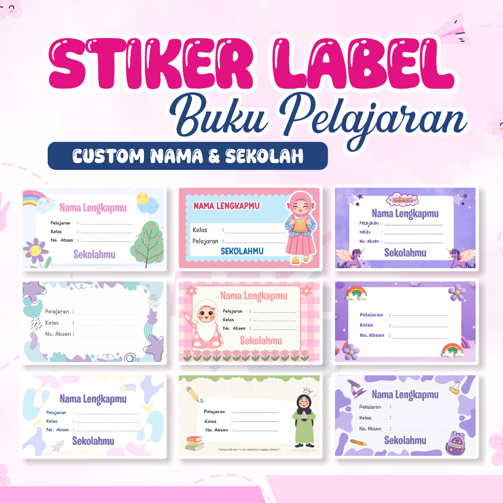

(40+ PCS) Stiker Label Buku Pelajaran Sekolah Custom Nama dan Sekolah Motif Lucu FREE DESAIN