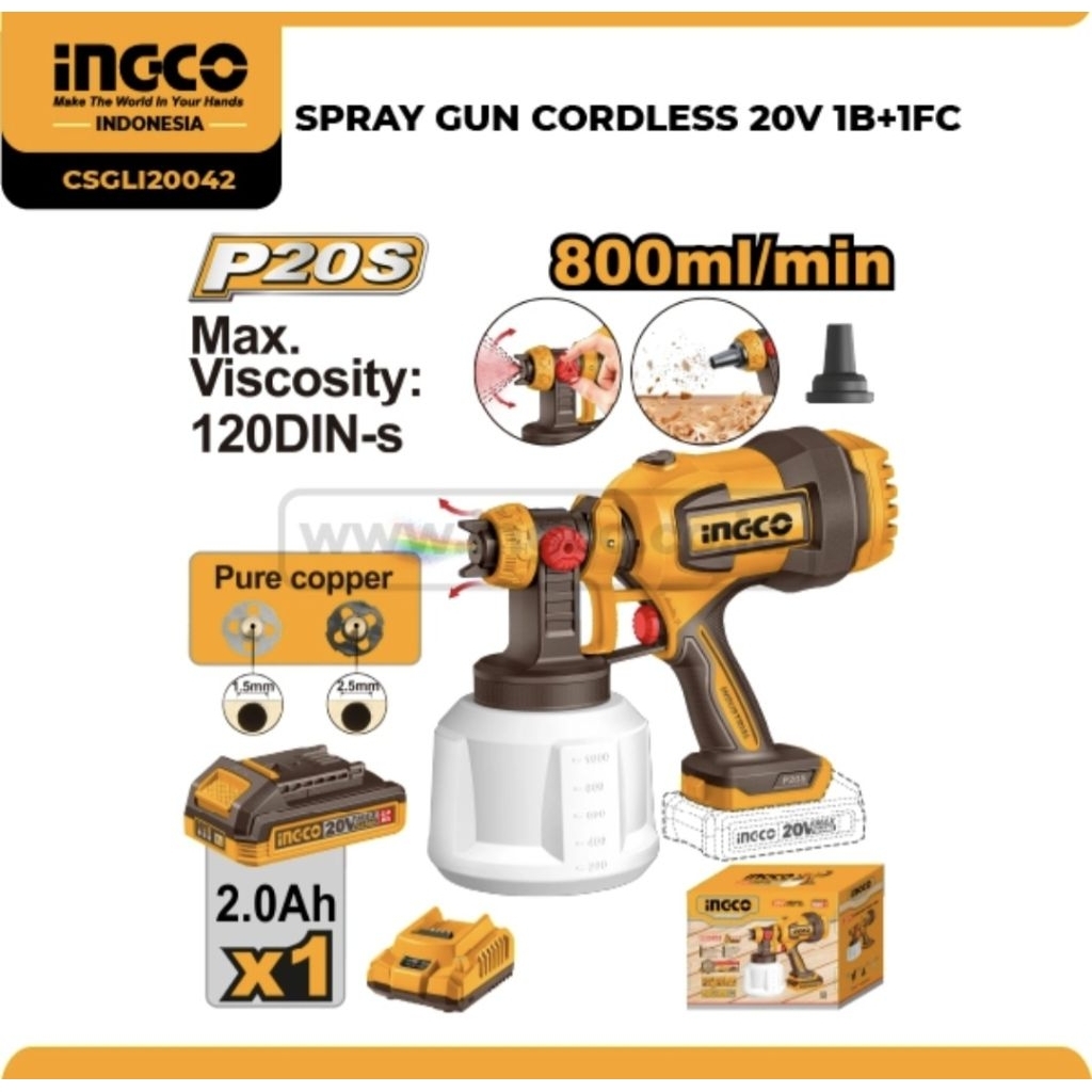 SPRAY GUN CORDLESS 20V 1B+1FC INGCO