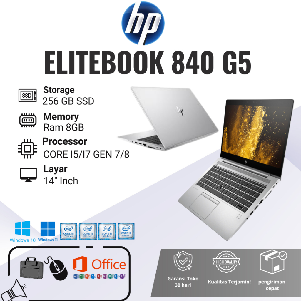 HP Elitebook 840 G5 Intel Core i5/i7 Gen 8350U RAM 8GB-16GB SSD 128GB-512GB Layar 14 Inch Second Ber