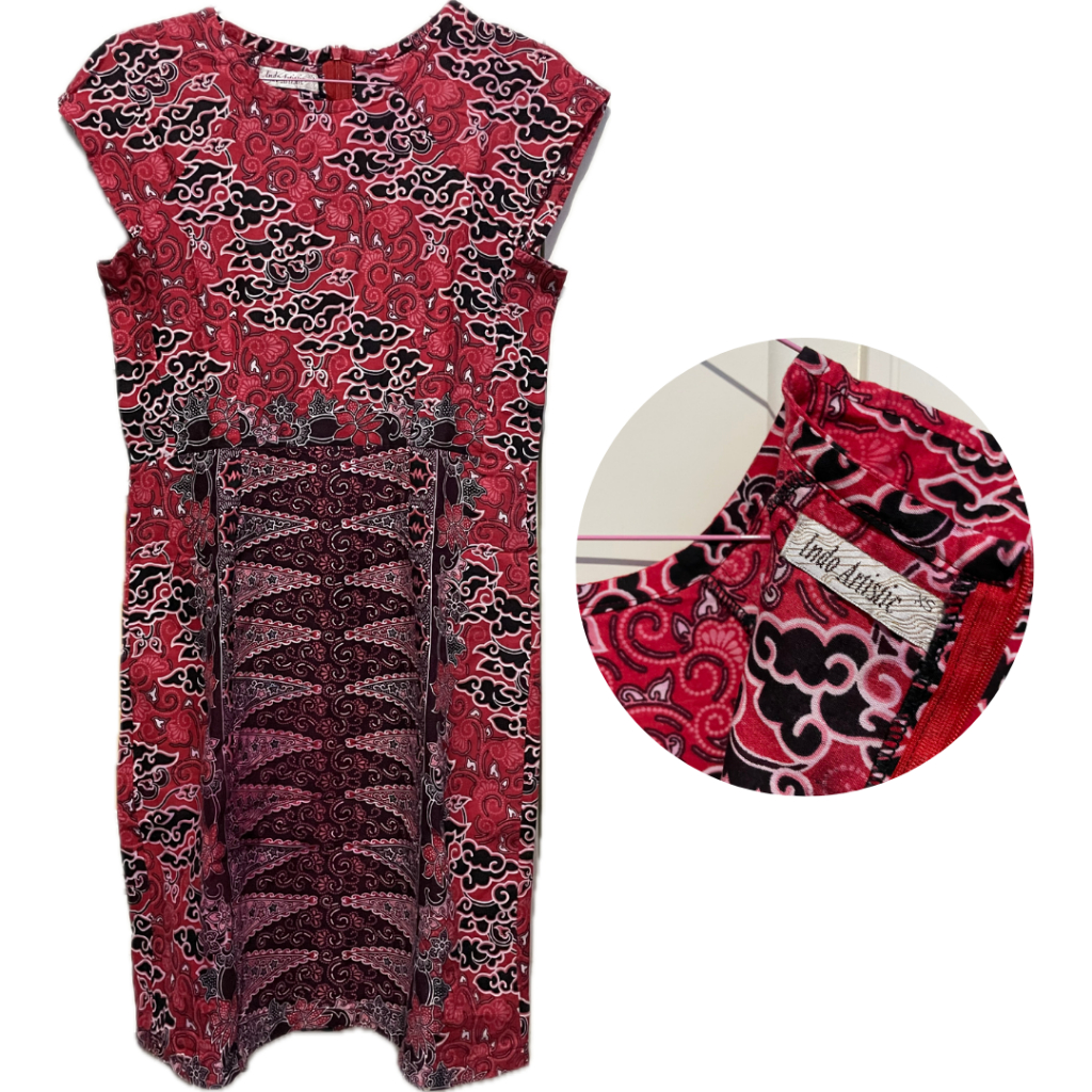 PRELOVED Indo Artistic Batik Dress Gaun Straight Midi Wanita Sleeveless Mini Merah Premium