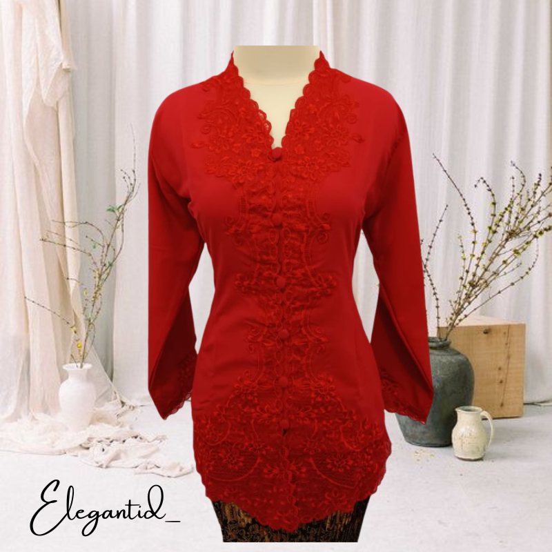 Kebaya Encim Modern Merah Senada Lengan Panjang