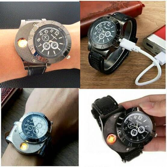 Jam Korek 2in1 Korek Api Lighter Charger USB Jam Tangan Korek Pria Elektrik Rubber