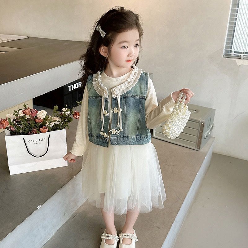 [KIDSWONDERLAND] 1056 Dress Tutu 2in1 Rompi Cheonsam Denim Harvey Ruffle Neck Anak Perempuan