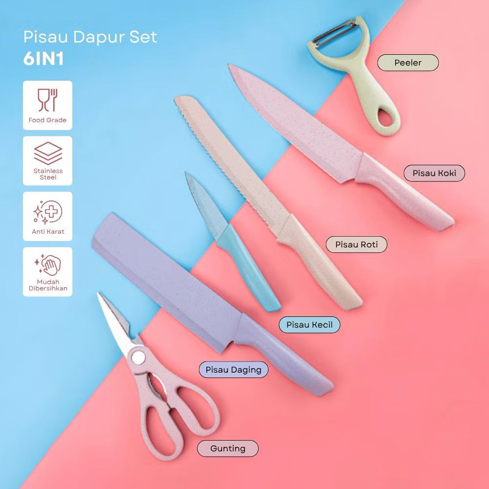 Pisau Dapur Set Tajam Bahan Stainless Steel Premium Lengkap Kuat dan Original