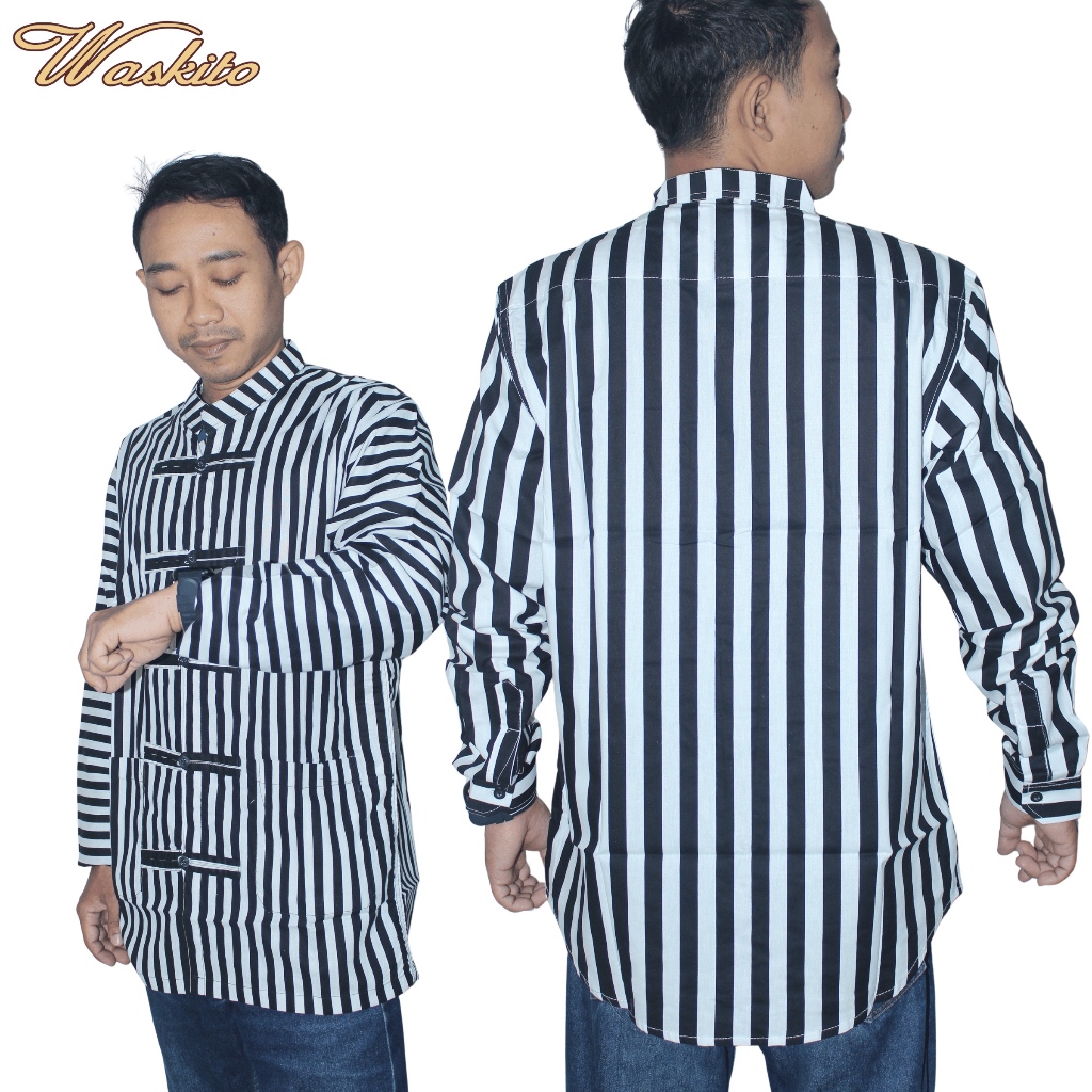 Waskito - Baju Pria Surjan Katun Slimfit Motif Garis Hitam Putih Kancing Shanghai & Cheongsam