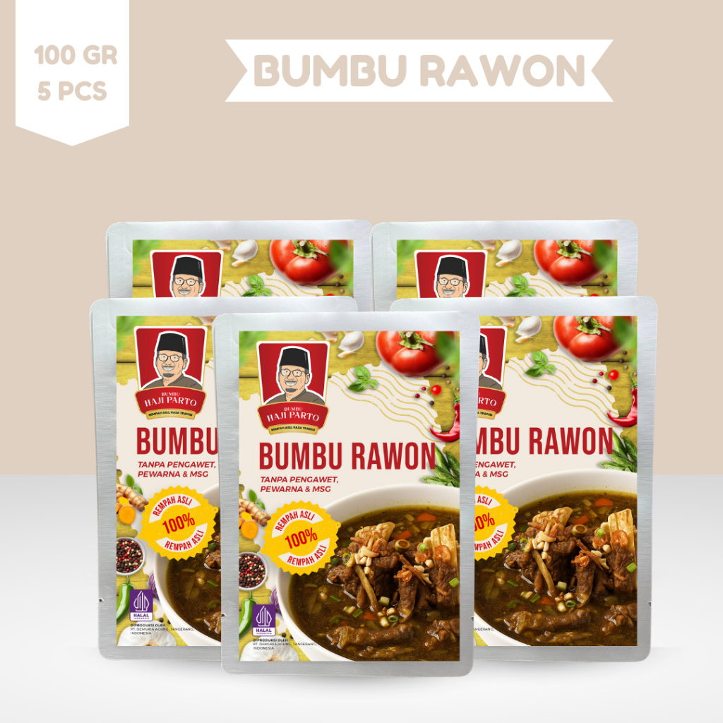 

Paket 5 PCS Bumbu Rawon Haji Parto 100 gram - Tanpa MSG & Tanpa Pengawet