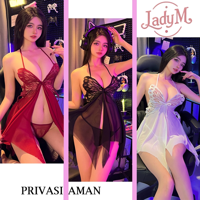 Berkualitas LADY M Wanita + G String Bodysuit Tidur Gaun Punggung Terbuka Elastis Lingerie
