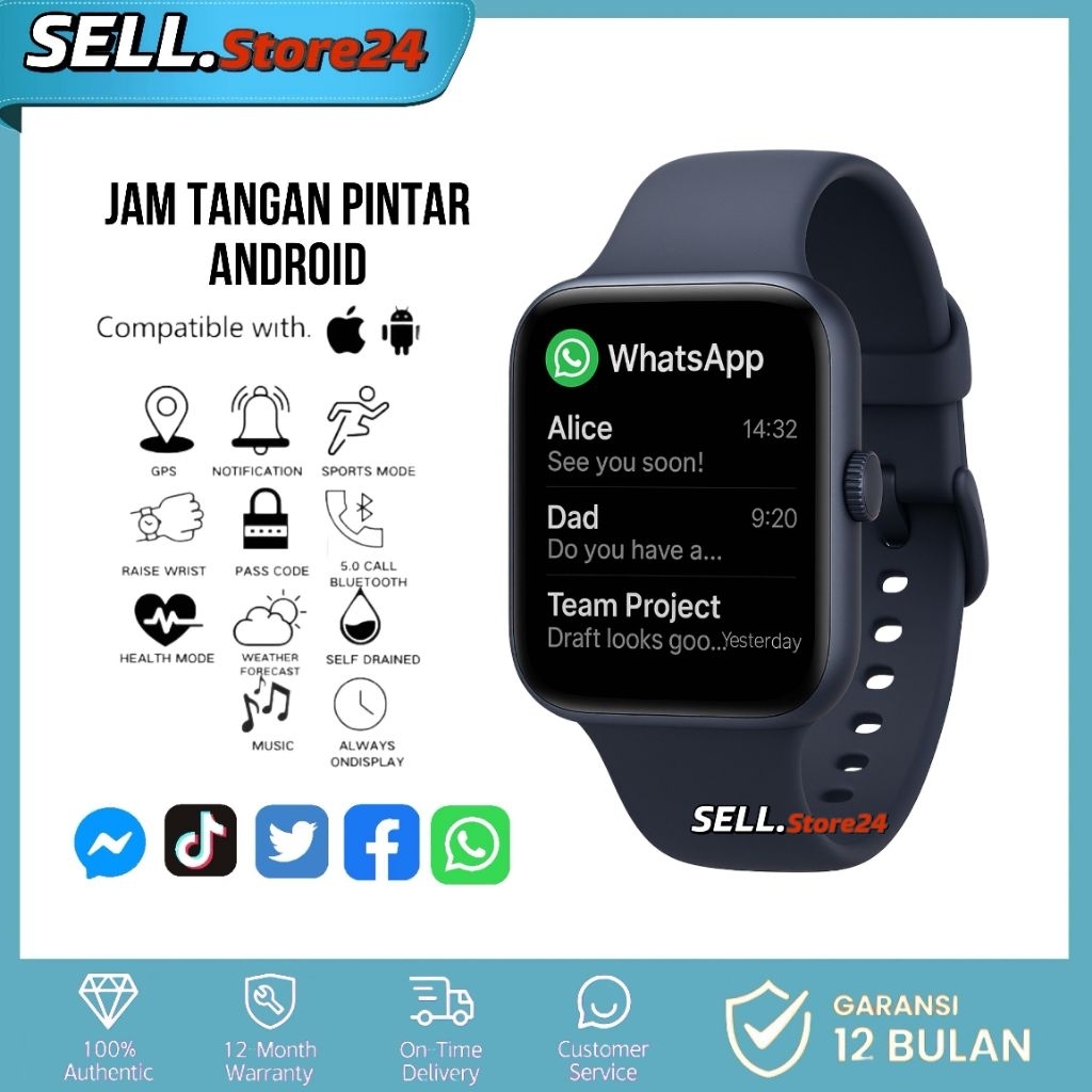 SmartWatch Jam Tangan Pintar Hp Android Touchscreen Layar Sentuh Pria Wanita Tahan Air