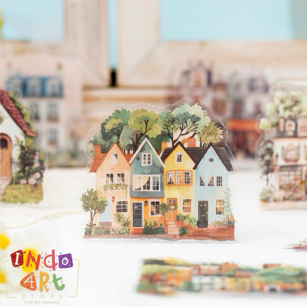 

(IAS) Sticker Decoration Journal Scrapbook Town House Scenery Summer Pemandangan City Bloom Tree