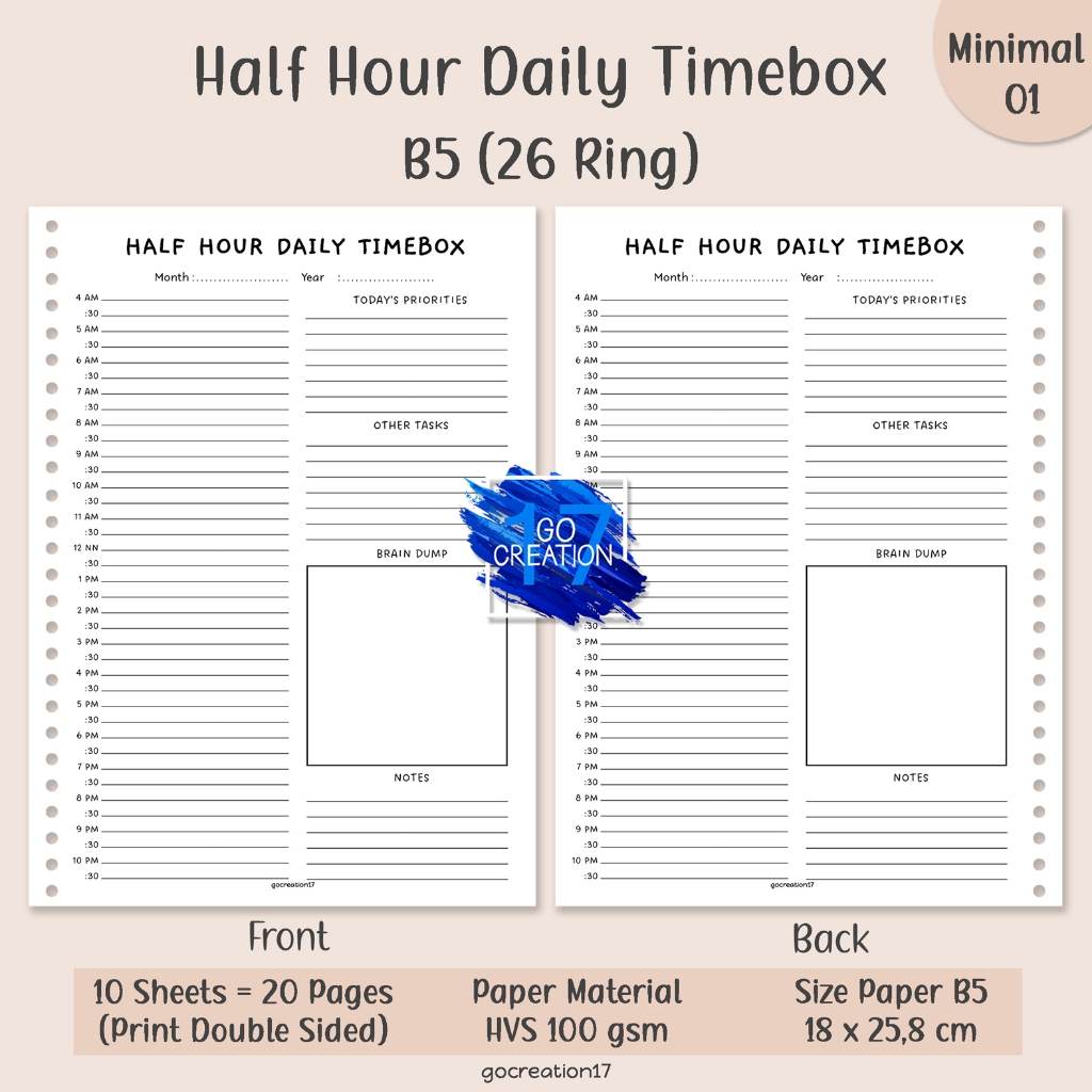 

Kertas Isi Binder Planner Half Hour Daily Timebox Simple Minimalis B5