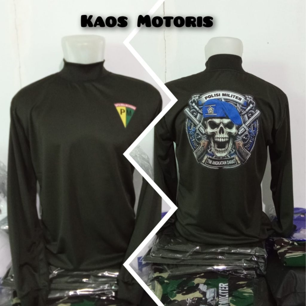 kaos PDLO bahan DRY-FIT berkualitas TNI AD/PM motoris lengan panjang kerah tinggi