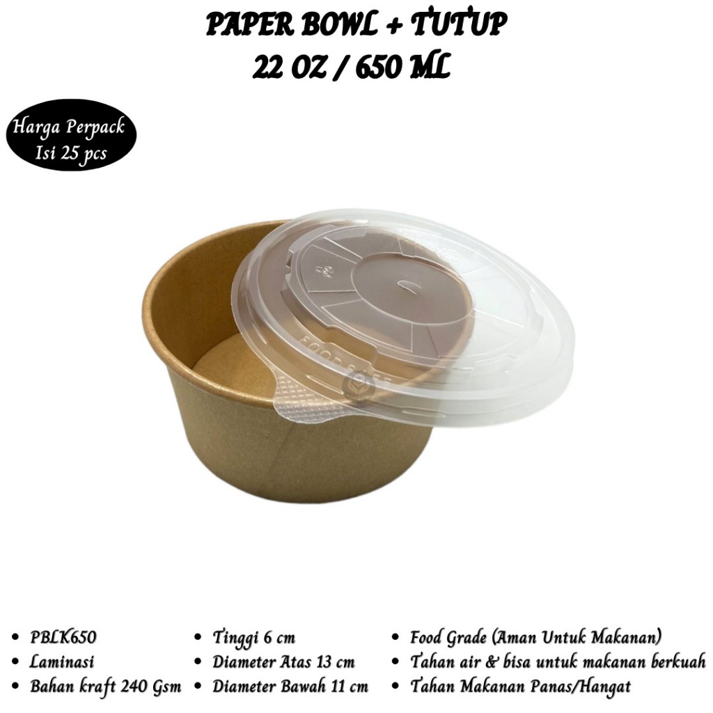 Paper Bowl 650 Ml Plus Tutup Mangkok Kertas (Isi 25 Pcs-PBLK-650)