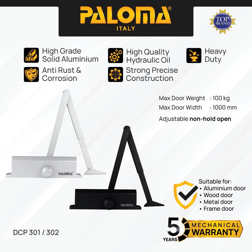 PALOMA Door Closer Penutup Penahan Pintu Otomatis Hidrolik Aluminium Silver Grey Black Abu Hitam DCP