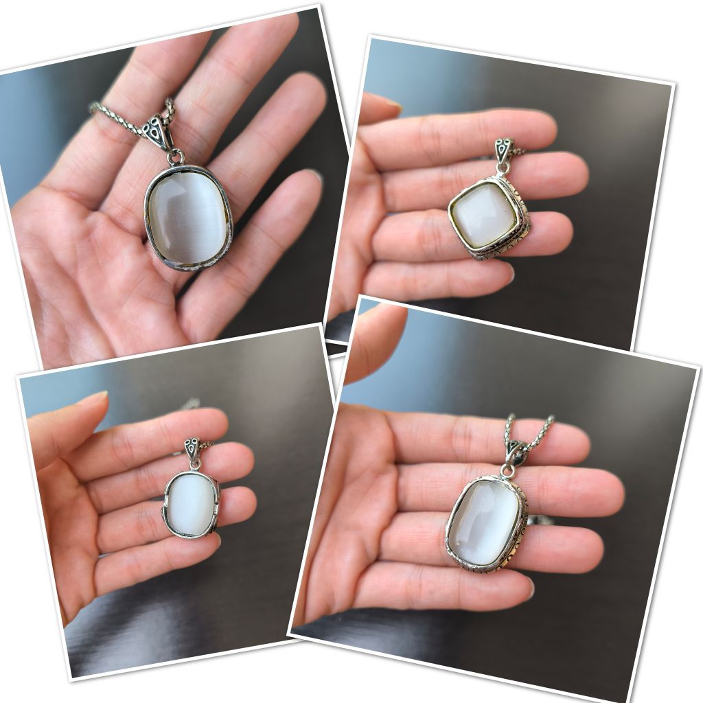 kalung rantai liontin cat eye putih cantik vintage etnik perak bakar