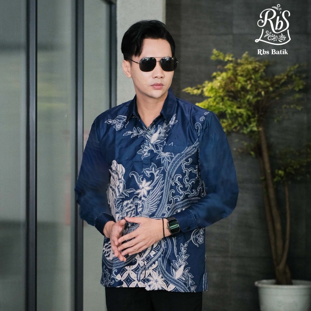 Best Seller Rbs Batik - Kemeja Batik Pria Slimfit Lapis Furing Warna Biru Kombinasi Cream Gumantama