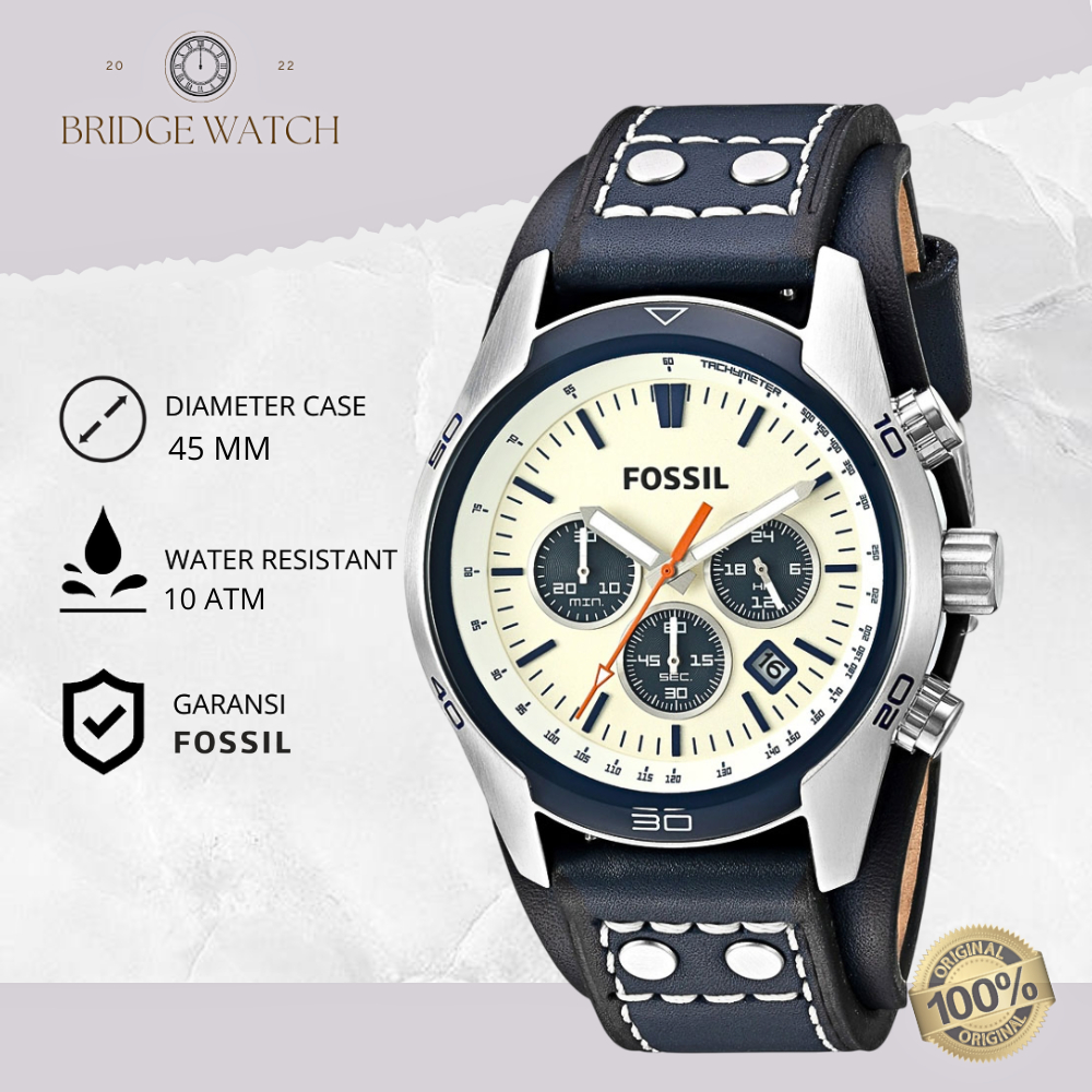 Jam Tangan Pria Fossil CH3051 Original Coachman Analog Leather Strap Kulit Cowok Chronograph White D