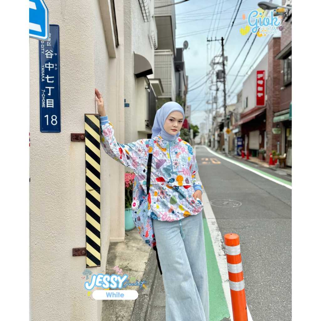 Jessy Jacket by Giok Scarf - Jacket Motif Printing Warna Biru Putih