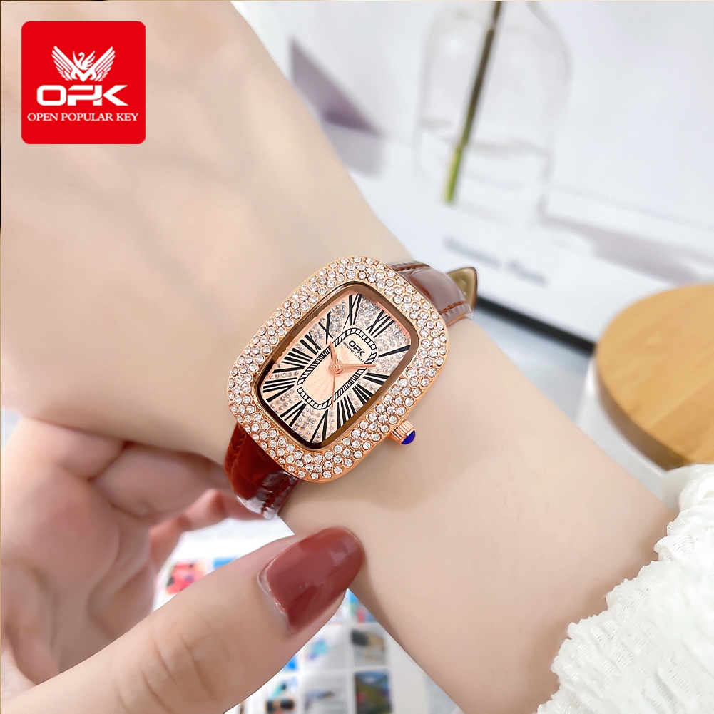 diskon opk jam tangan wanita original anti air kulit berlian segi empat branded cewek kuarsa terbaru