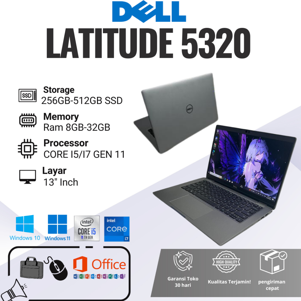 Dell Latitude 5320 Laptop Core i5 & i7 Gen 1185G7 RAM 8GB-32GB SSD 256GB-512GB Layar 13.3 Inch Secon