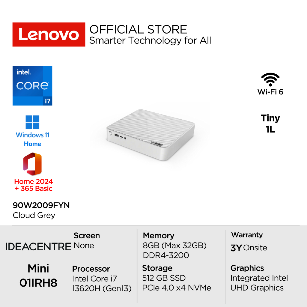 Lenovo PC IdeaCentre Mini 01IRH8 Tiny 9FYN Intel Core i7 13700H Win11 8GB DDR4 512GB SSD Integrated 
