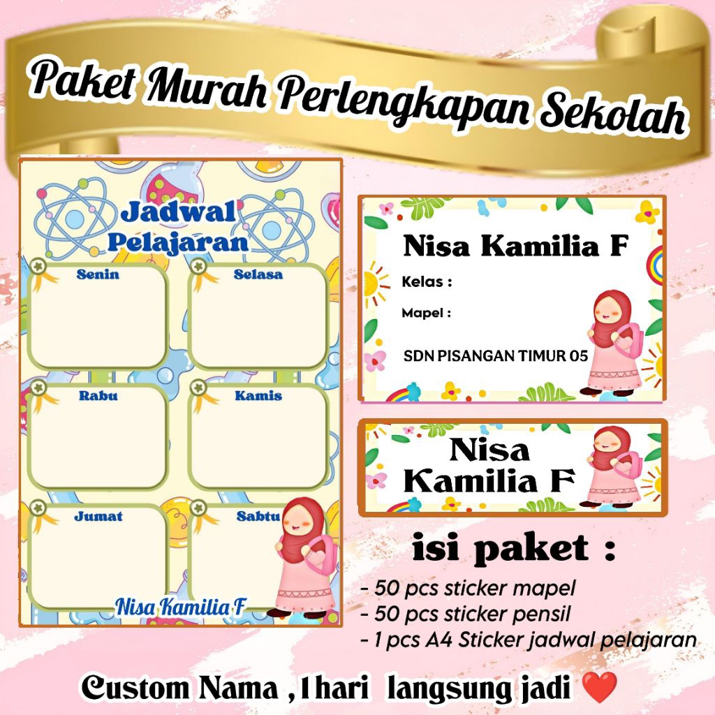 

(ISI 101 PCS) PAKET MURAH PERLENGKAPAN SEKOLAH LABEL BUKU + JADWAL PELAJARAN + STICKER PENSIL CUSTOM MOTIF ANAK HIJAB