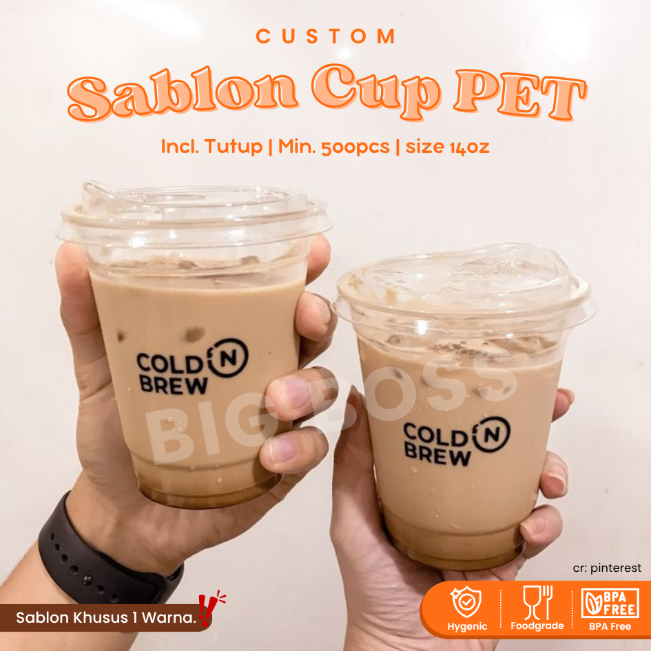 [CUSTOM SABLON] Sablon Cup PET 14oz Strawless 1 Warna / Sablon Custom Cup Oval PET Strawless / Sablo