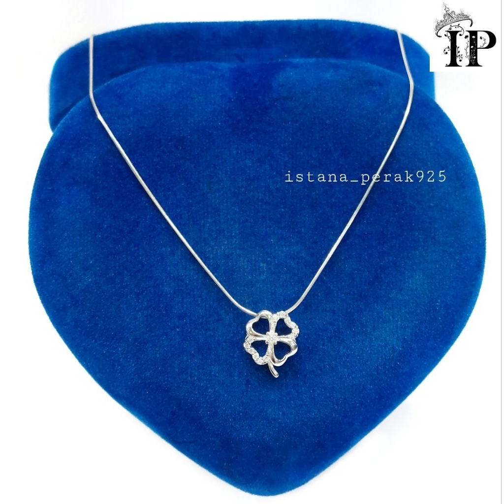 SET KALUNG PERAK ASLI SILVER 925 LAPIS EMAS PUTIH - Model Liontin Daun Semanggi Permata - PERHIASAN 