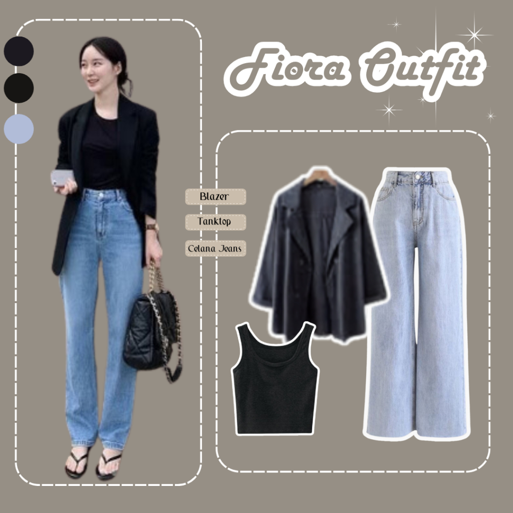 One Set Fiora Outfit ( Blazer + Tanktop + Celana Jeans ) Ootd Korean Style | Fashion Wanita Kekinian