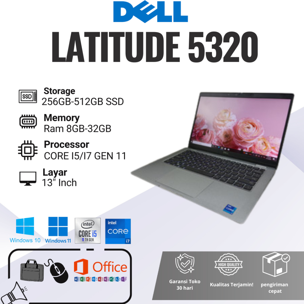 Laptop Dell Latitude 5320 Intel Core i5 & i7 Gen 1185G7 RAM 8GB-32GB SSD 256GB-512GB Layar 13 "Inch 