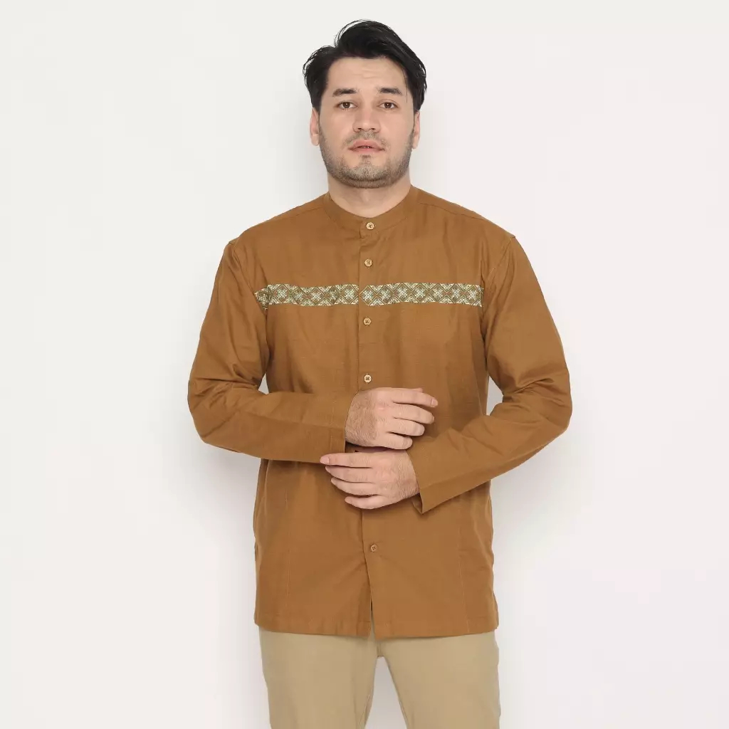 Gleizthinc Kemeja Koko Pria Lengan Panjang Mandarin Brown